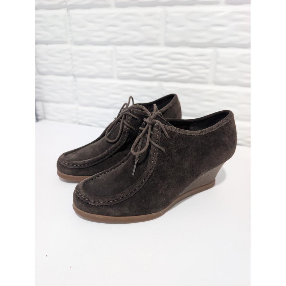 Lauren Ralph Lauren Denver Brown Suede Moc Toe Lace Wedge Booties 7.5 Academia